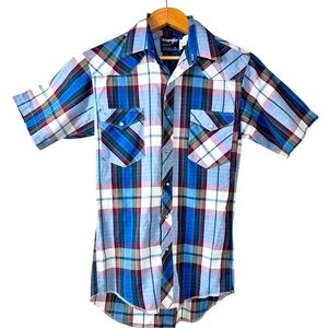 Wrangler cowboy cut long tail blue plaid shirt, S, short sleeve iridescent snaps